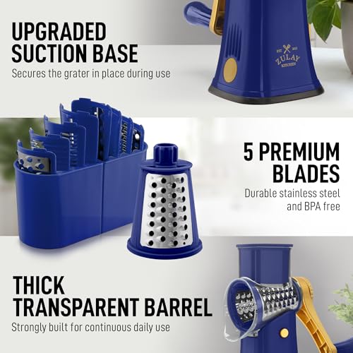 Rotary Cheese Grater Manual Hand Crank 5 Blade Shredder (5 Blades / Blue and Gold)