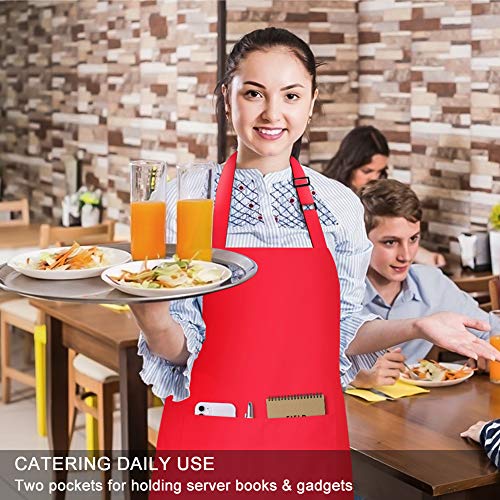 2 Pack 100% Cotton Aprons with 2 Pockets Cooking Chef Kitchen Adjustable Bib Apron for Women Men (Red)