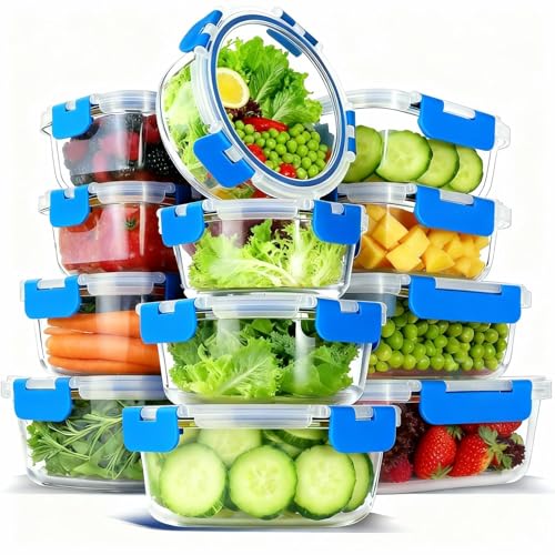 12 Pack Glass Food Storage Container Set with Lids Non Toxic (Blue-12)