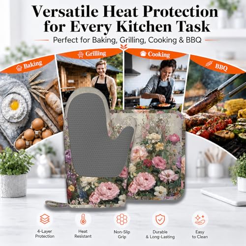 Vintage Wildflower Oven Mitts and Pot Holders Sets Silicone Kitchen Mitts Potholders Heat Resistant Oven Gloves Hot Pads for Kitchen Baking Cooking (Vintage Wildflower)