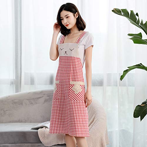 100% Cotton Cute Plaid Apron with Pockets (#2 Korean Red & White Gingham Cat)
