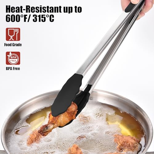 Kitchen Tongs with Silicone Tips for Cooking Serving (16in / Black)