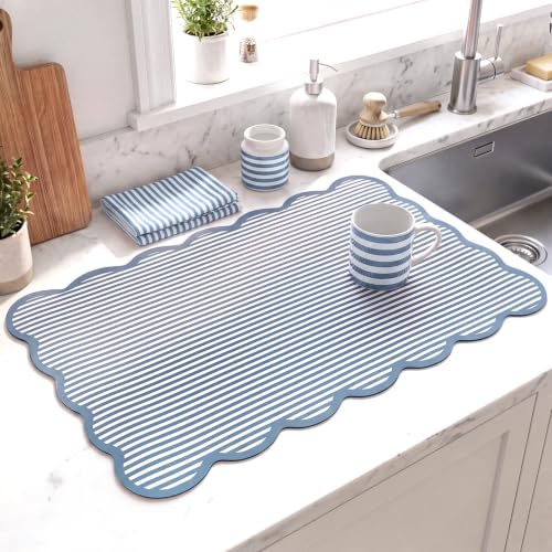 Blue Ticking Stripe Scalloped Coffee Mat 12" x 20" Bar Mat (Blue / Ticking Stripe)