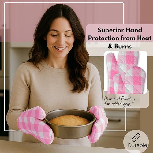 Buffalo Plaid Check Oven Mitts and Pot Holders Set of 4 (Buffalo, Rose Pink)