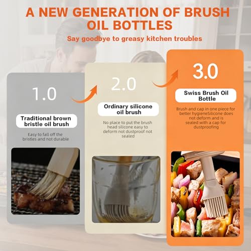 2-in-1 Oil Dispenser with Brush, 150ml Glass Olive Oil Bottle with Silicone Basting Brush, Leak-Resistant Sauce Brush Bottle for BBQ, Baking, Grilling, Camping, White (White)