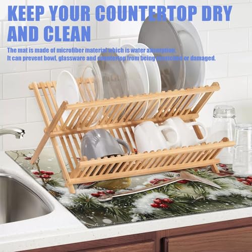 Winter Cardinal Bird Dish Drying Mat for Kitchen Counter Snow Drying Pad Absorbent Reversible Dish Drainer Rack Mats Draining Pad 18"x24"Inch