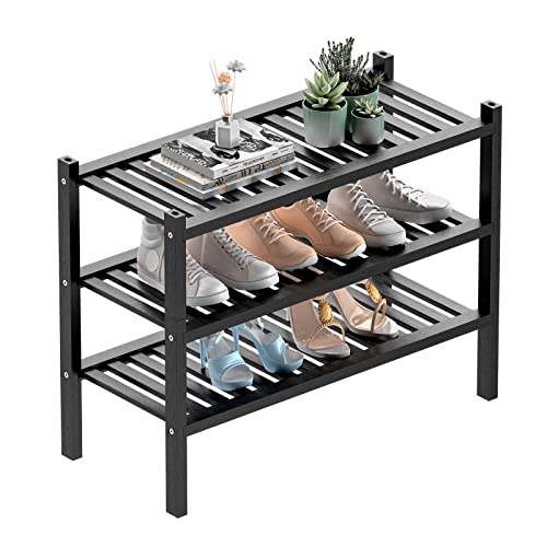 3 Tier (Thick) Bamboo Shoe Rack for Entryway, Small Wood Shoe Shelf Storage Organizer for Closet, Shoe Stand for Hallway, Stackable and Sturdy 27"x12"x21" Black (Black / 3 Tier(Thick))