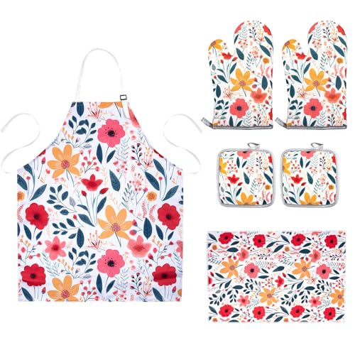6 Pcs Kitchen Stuff Accessories (6 Pcs (2x Oven Mitts +2x Pot Holders+1x Apron+1x Kitchen Towel))