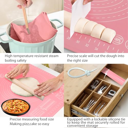 Silicone Pastry Mat 28" x 20" Extra Thick Non Stick Baking Mat with Measurements and Edge Heightening (Pink / 28"L x 20"W)