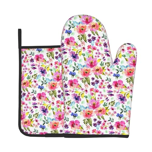 Floral Oven Mitts and Pot Holders Sets Spring Summer Kitchen Mitts Colorful Blossom Potholders 2PCS Wildflower Oven Gloves Hot Pads for Kitchen Baking Cooking (Multicolor Spring Summer Flowers)