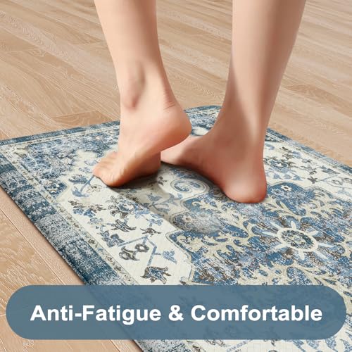 Anti Fatigue Kitchen Mats (Blue/Multi / 17.3" x 47"+17.3" x 29"--0.47 inches)