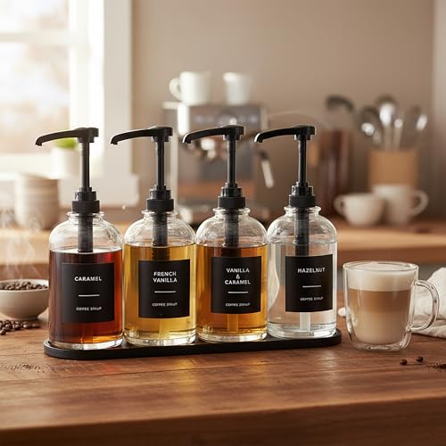Coffee Syrup Dispenser (Set of 4 / Black With Tray)