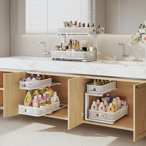 2 Pack Under Sink Organizer With Smooth Cylindrical Rail (White / 2 Pack-15.7"Depth)