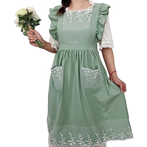 Cute Cotton Apron Frilly Lace Ruffle Adjustable Pinafore Apron Dress with Pockets for Cooking Baking Cleaning Gardening (Light Green)