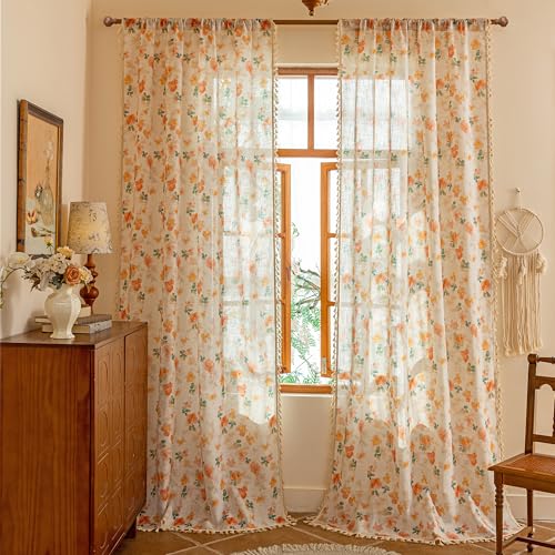 Floral Boho Linen Curtains 96 inch Long 2 Panels Set Farmhouse Vintage French Orange Printed Semi Sheer Light Filtering Window Drapes with Tassels Back Tab for Living (Orange / 50"W x 96"L (Pack of 2))