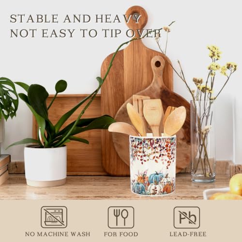 Fall Utensil Holder Ceramic Kitchen Crock Watercolor Pumpkin Autumn Leaves Kitchen Decor for Autumn Spoon Forks Countertop Supplies (Fall)