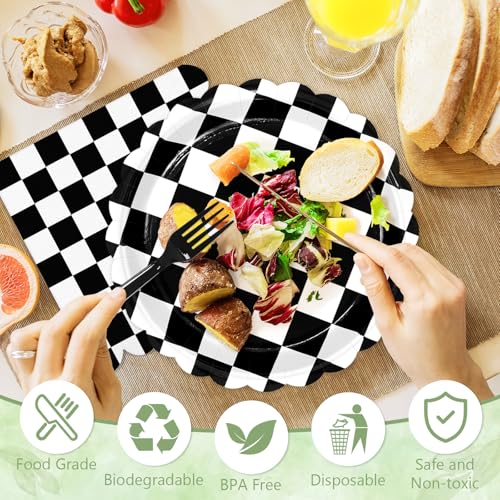 75 Pcs Black Checkered Paper Plates and Napkins&Forks for Party (Black Checkered 75 Plates Set / 7-inch Set)