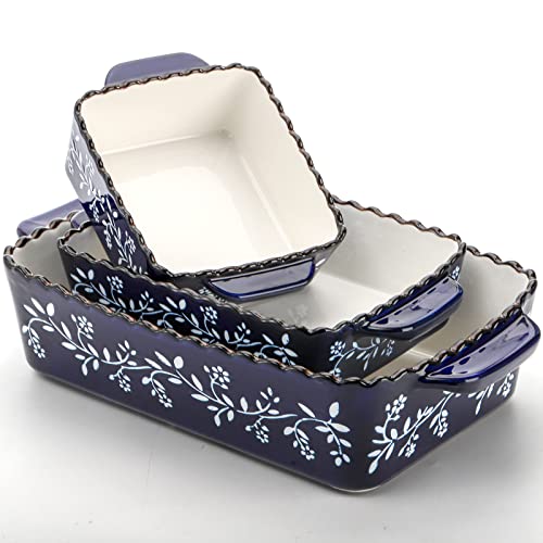 3 Pack Ceramic Bakeware Set Porcelain Rectangular Baking Dish Lasagna Pans for Cooking Kitchen Casserole Dishes Cake Dinner 12 x 8.5 x 6 Inches of Baking Pans Banquet and Daily Use Cobalt Blue (Cobalt Blue)