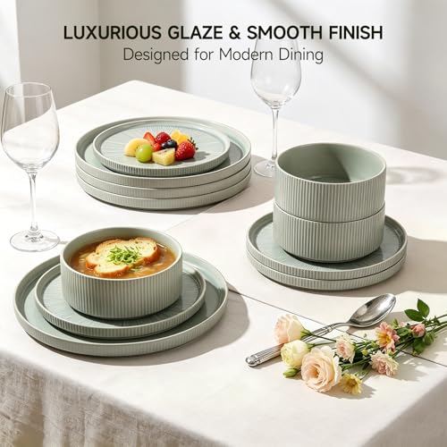 Stoneware Dinnerware Sets for 4 (Sage Green / 4-Set(12pcs))