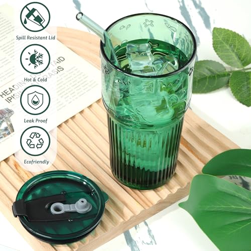 Green Glass Tumbler with Lid and Straw (Green-3)