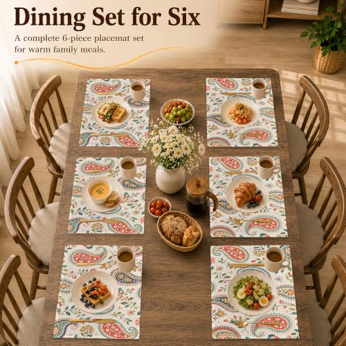 12 x 18 Inch Linen Placemats Set of 6 (Boho Paisley Floral)