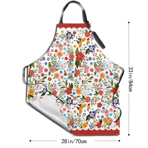 Flowers Kitchen Apron for Women Red Floral Adjustable Cooking Apron (33" x 28"(Pack of 1) / Spring Flowers Red)