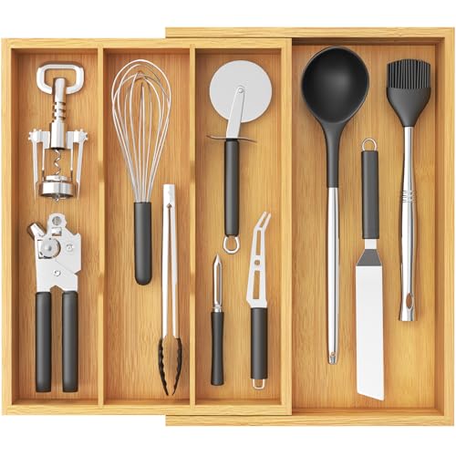 Bamboo Utensil Organizer for Kitchen Drawer (Natural / 11.9~21.7'' W x 15.75'' D)