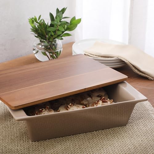 2.75 Quart 13.5" x 8.5" Stoneware Baking Dish with Acacia Wood Lid (Taupe / 13.5" x 8.5" Baking Dish)