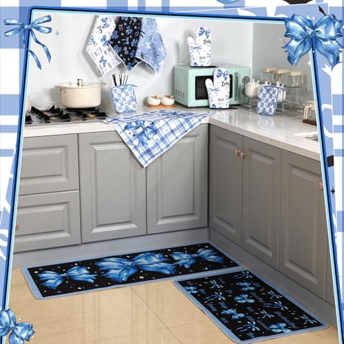 10 Pcs Blue Bow Kitchen Decor Set Dish Towels Kitchen Rugs Oven Mitts and Pot Holders for Cooking Baking Grilling Women Mom Gift (Bright Blue, Black / Bow)