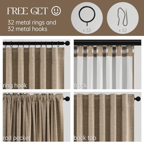 Extra Long Total Blackout Linen Curtains 108 Inches Long for Living Room Large Window with Hooks Rings (Dark Flax / 52"W x 108"L (Pack of 2))