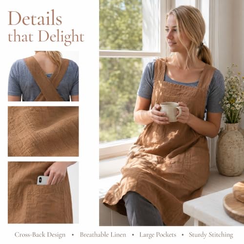 Cross Back Linen Cotton Apron with Pockets (X-Large / Brown)