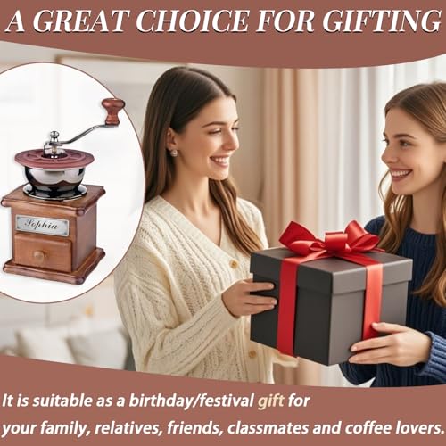 Customizable Wooden Manual Coffee Grinder Set Hand Crank Mill with Removable Bin Dust Cover & Scoop Personalized Nameplate Gift for Camping