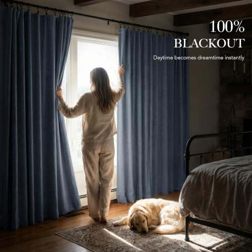 Dusty Blue 100% Blackout Linen Curtains 72 Inch Long for Bedroom (Dusty Blue / 52"W x 72"L (Pack of 2))