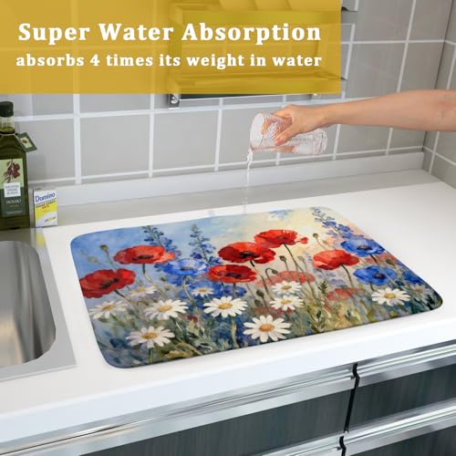 4th of July Dish Drying Mat for Kitchen Counter 18x24 Patriotic Floral Independence Day Memorial Holiday Absorbent Reversible Microfiber Drying Mats Kitchen Countertop Protector Dishes Drainer Pad (18" x 24")