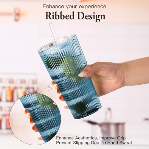 4PCS Colored Ribbed Glass Cups with Lids and Straws (Colored-4)