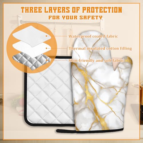 Marble Oven Mitts and Pot Holders Set (Marble White Gold Flowing Marble)