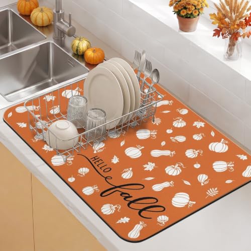 Fall Dish Drying Mat Autumn Decor Kitchen Countertop (Orange 2 / 23" x 15")