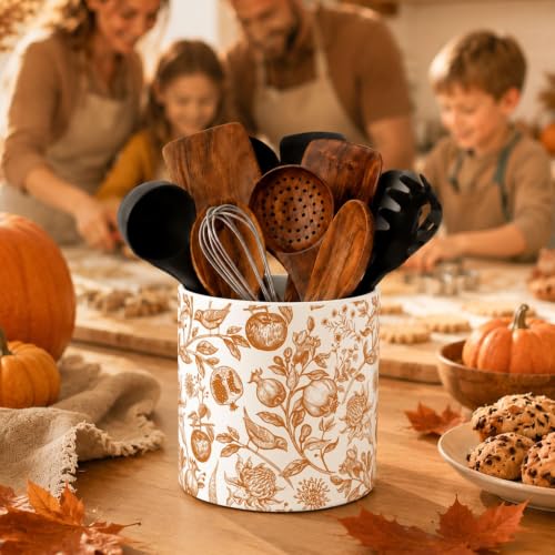 Fall Ceramic Utensil Holder Kitchen Decor Vintage Floral Fruit Bird Flower Utensils Crock for Autumn Thanksgiving Farmhouse Home Kitchen Countertop Organizer Container