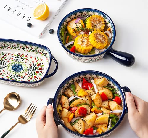 Vintage Style Tulip Flower Pattern Ceramic Bakeware Casserole Dish Baking Pan Lasagna Pans Baking Dish with Handles for Oven (Tulip / 32 OZ)