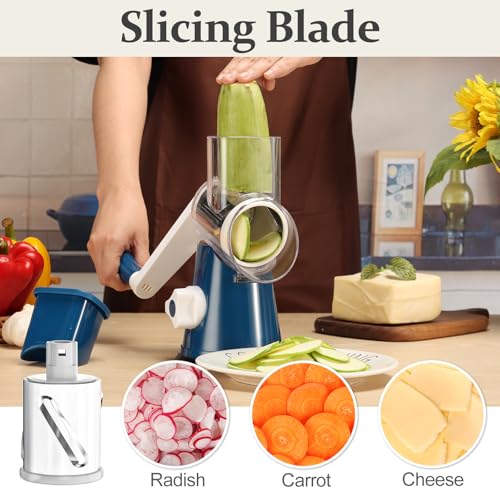 Rotary Cheese Grater Hand Crank Cheese Shredder for Fresh Cheese (5 BLADES / Dark Blue)