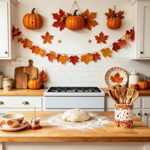 Fall Ceramic Utensil Holder Orange Watercolor Pumpkin Maple Leaf Kitchen Crock for Autumn Harvest Thanksgiving Countertop Storage Organizer (Orange Maple Leaf)