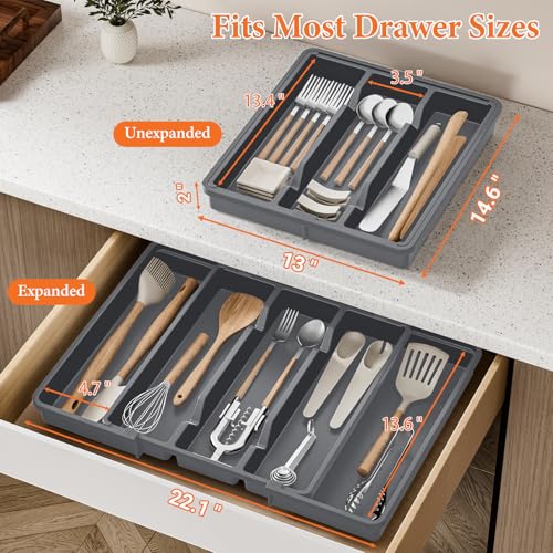 Large Expandable Silverware Drawer Organizer (Gray)