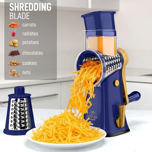 Rotary Cheese Grater Manual Hand Crank 5 Blade Shredder (5 Blades / Blue and Gold)