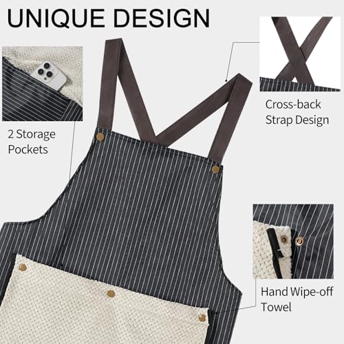 Chef Apron with Towel 2 Pcs Waterproof Apron Baking Aprons with Towel Replacement and Pockets Striped Aprons for Cooking Painting Black (Black,2 Pack)