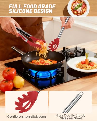 Spaghetti Spoon and Pasta Tong with Teeth and Drain Holes (Red)