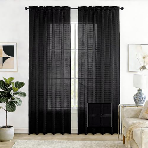 Check Sheer Curtains 96 Inches Long for Living Room (Check - Black / 52"W x 96"L (Pack of 2))