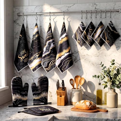 12 Pcs Marble Kitchen Decor and Accessories Sets 4 Black and Gold Marble Kitchen Towels 4 Farmhouse Absorbent Dishcloths 2 Pot Holders 2 Oven Mitts Gloves for Home Decor Mom Gifts (Black Gold / Marble Pattern)