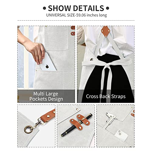 White Chef Aprons for Men Women with Large Pockets (Beige)