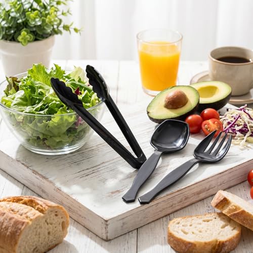 Plastic Serving Utensils Set Disposable Tongs Spoons for Buffet (Black / 18Pcs-Style 2)
