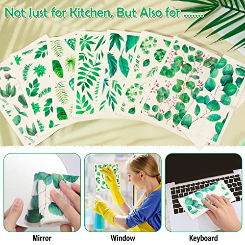 8 Pack Swedish Dish Cloths Washable (8 Pack-green Plants)